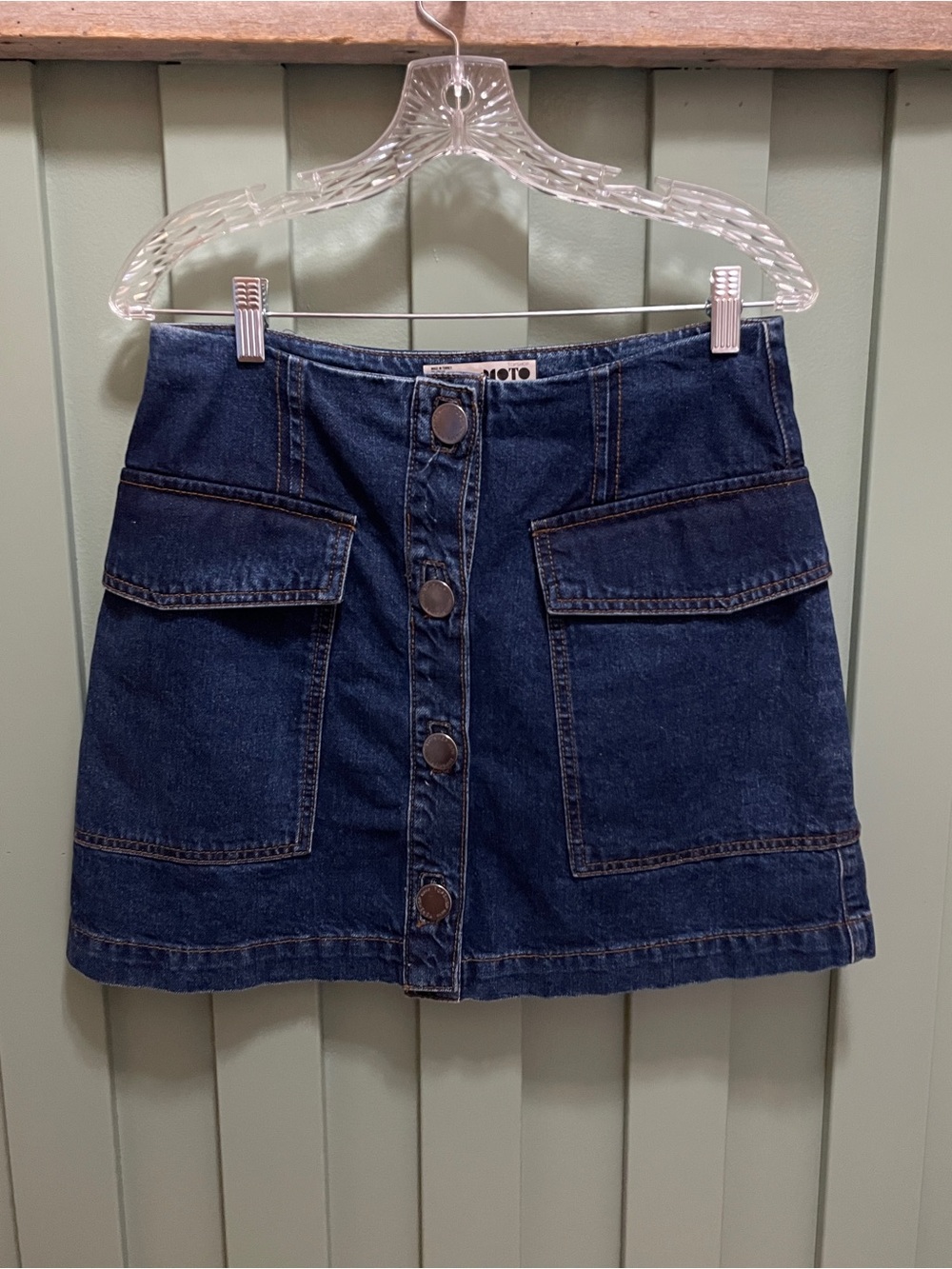 Topshop Moto Dark Blue Denim Button-Front Mini Skirt Lg Pocket Front 30" Waist